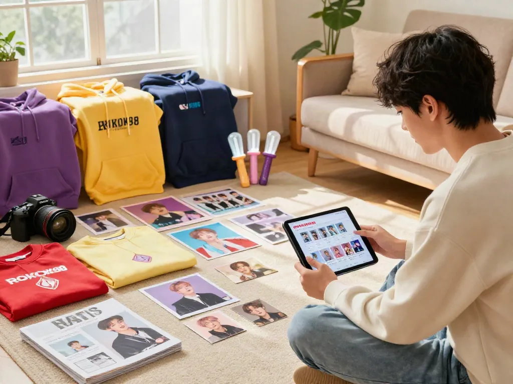 Fan exploring rokok88 super BTS merchandise collection online in a cozy setting.