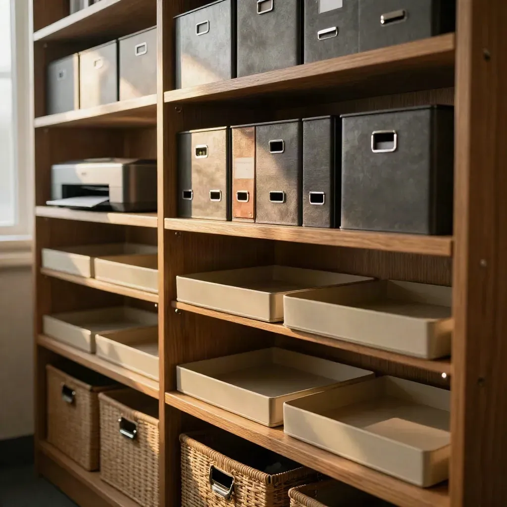 Regal mit Archivboxen, Ablagekörben und leerem Druckerfach in ruhigem Bürolicht.