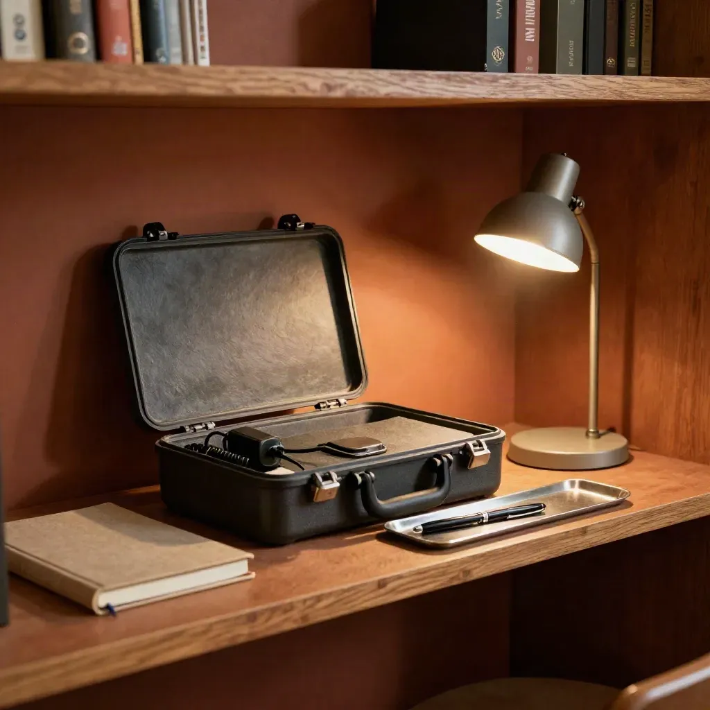 Beratungs-Set mit Koffer, Notizbuch, Kabel und Lampe im warmen Büro