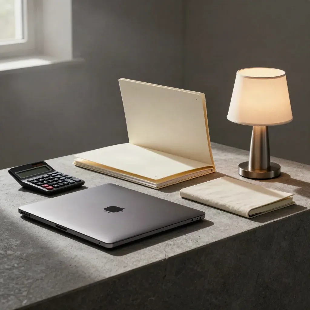 Gründer-Setup mit Laptop, Rechner, Budgetmappe, Notizbuch und Lampe im ruhigen Morgenlicht.
