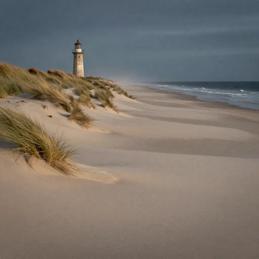 Leuchtturm an einer Dünenlinie in Schleswig-Holstein bei Abendlicht und Salznebel