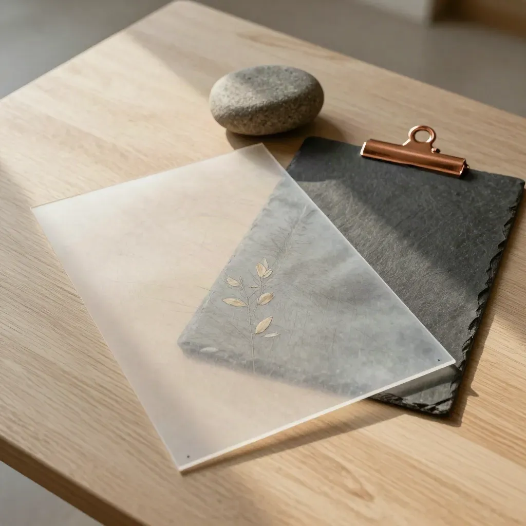 Flache Analyse-Stilllife mit Folienoverlay, Steinbeschwerer und verdeckten Ordnern auf hellem Holz