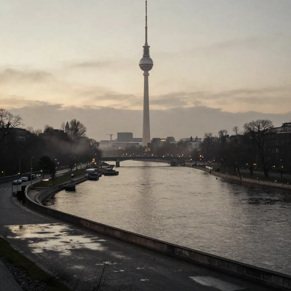 Berliner Skyline mit Fernsehturm im Dunst über der Spree bei Abendlicht